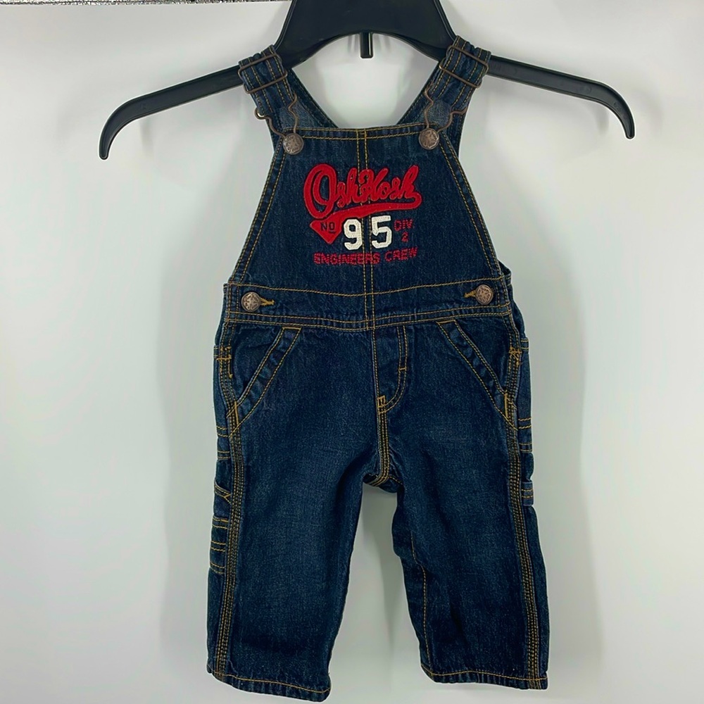 OshKosh B’Gosh “Engineers Crew 95” Denim Overalls Size 9 Months